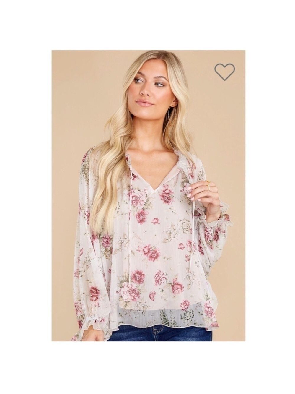 AaKaa Floral Sheer Long Balloon Sleeve Ruffle Tie Front Blouse